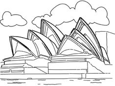 the sydney opera house in black and white, as well as some clouds above it