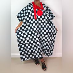 New Without Tags Handmade Black And White Checkered Print Red Detail Maxi Kaftan Dress With Headwrap Handmade One Size Fits All 100% Cotton Length 53” Black Cotton Maxi Kaftan, Traditional Black Maxi Dress With Short Sleeves, Traditional Black Short Sleeve Maxi Dress, Traditional Black Dress With Kimono Sleeves, Black Cotton Short Sleeve Kaftan, Black Cotton Kaftan For Vacation, Black Kimono Sleeve Festival Dress, Black Festival Dress With Kimono Sleeves, Black Dress With Kimono Sleeves For Festival