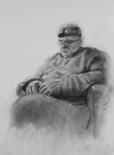 a black and white drawing of a man sitting in a chair with his hands on his knees