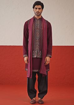 Wine Embroidered Kurta Set With Jacket Kalpraag - Fabilicious Fashion Kurta Set With Jacket, Design Kurta, Mens Wear Wedding, Yoke Design, Men's Ethnic Wear, Vacuum Storage, Indian Wedding Wear, Embroidered Dupatta, Nehru Jackets