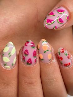 colorful summer fruit nails Cute Nails Short Almond, Starter Nails, Different Design On Each Nail, Picnic Nails, Sun Nails, Beach Nail Designs