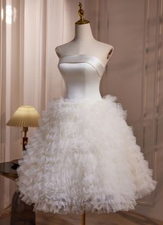 Short Fluffy Wedding Dresses, Strapless Ball Gown With Ruffles For Wedding, Strapless Ruffles Dress For Wedding, Banquet Strapless Dress With Ruffles, White Tulle Strapless Dress, Elegant Organza Petticoat For Party, Wedding Strapless Organza Dress With Ruffles, White Tulle Strapless Evening Dress, White Strapless Tulle Dress For Evening