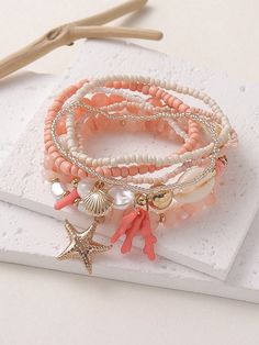 7pcs/Set Pink Beach Vacation Style Elastic String Bracelets For Women, Featuring Shells, Starfish, And Rice Beads, Suitable For Daily Wear And Vacation Outfits Pink    Shell     Women Fashion Jewelry, size features are:Bust: ,Length: ,Sleeve Length: Coconut Girl Bracelet Ideas, Coconut Girl Bracelets, Vacation Bracelets, Collar Conchas, Beach Charm Bracelet, Pink Taco, Beach Vacation Style, Tropical Jewelry, String Bracelets