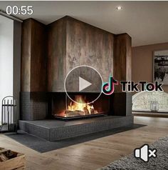 a living room with a fire place in the center and a tv above it that reads tiktok