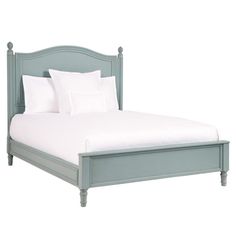 a bed with white sheets and pillows on it's headboard, against a white background