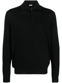 black virgin wool knitted construction polo collar short front button fastening long sleeves ribbed cuffs and hem straight hem Knitted Polo Shirt, Valentino Clothing, Knitted Polo, Versace Shop, Polo Long Sleeve, Black Polo, Camisa Polo, Rugby Shirt, Polo Collar