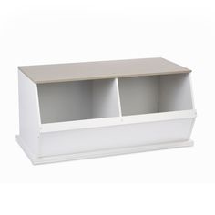 a white shelf with three compartments on it