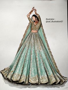 a drawing of a woman in a green and gold lehenga with her hands on her head