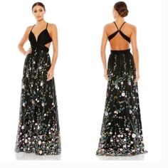 Abuzz With Glittering Sequin-Arranged Florals, This Exceptional Tulle Gown Is Something Special. Crafted With A Padded, Plunge-Cut Bodice, The Dress Highlights Your Body With A Crisscross Waist And Cutouts That Turn Into A Peek-A-Boo Back. The Sleek, Floor-Grazing Finish Makes It Elegant And Easy To Walk In. Mac Duggal Fully Lined Through Body V-Neckline Spaghetti Straps Pleated Bodice Crisscross Side And Back Cutouts Skirt Is Adorned With Floral Pattern Composed Of Sequins And Rhinestone Embell Black Sleeveless Spring Gown, Sleeveless Gown With Floral Embroidery For Gala, Sleeveless Evening Dress With Floral Embroidery For Gala, Sleeveless Floral Embroidered Evening Gown, Sleeveless Gown With Floral Embroidery For Evening, Sleeveless Floral Embroidery Evening Gown, Embroidered Sleeveless Evening Dress, Formal Sleeveless Embroidered Evening Dress, Cutout Skirt