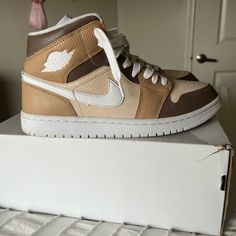 These Shoes Are On Of A Kind, Hand Painted By A Local Artist. They Have Been Worn Just A Handful Of Times, Each Time With Crease Protectors (Included) And Cleaned Carefully. Slight Wear And Tear On The Paint Can Be Easily Fixed. Original Box And Goat Verification Included. Please Make An Offer! Custom Air Jordan 1, Air Jordan 1 Mid White, Jordan 1 Mid White, White Snake, Paint Can, Womens Jordans, Air Jordan 1 Mid, Jordan 1 Mid, Paint Cans