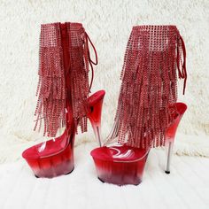 All Boots | Totally Wicked Footwear Thigh High Gladiator Sandals, Thigh High Heels, Fringe Heels, Platform Shoes Heels, Red Fringe, Rhinestone Fringe, Black Chunky Heels, Chunky Heel Ankle Boots, Lace Up High Heels