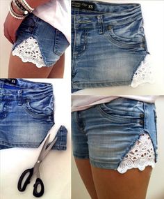 four pictures of shorts with crochet lace on the bottom, and an open pocket at the back