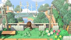 the animal crossing game is being played in an environment with lots of trees and flowers