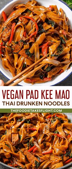 vegan pad kee mao with noodles and vegetables in a white bowl