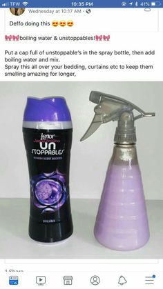 an image of two spray bottles that are on top of each other, one is purple and the other is black