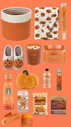 the contents of a pumpkin themed gift set on an orange background