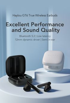 an advertisement for bluetooth's true wireless earbuds with the text excellent performance and sound quality