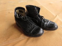 Vintage estimated 1930s black leather cap toe ankle boots. In very good condition, light wear to toes and soles. Marked size US Men's 7.5 4E, good wide size for modern foot, fits Women's 9. Exterior sole measures 11.5 inches, interior insole measures approx 10.75 inches, width is 4.25 inches on exterior, height is 5 inches from sole of foot. Please ask any questions before purchasing, especially concerning fit or condition. All items are vintage and in condition as described. Shipping via USPS  unless otherwise agreed upon.  All sales final, no returns - Thank You from Big Weekend! Cap Toe Boots, Black Leather Ankle Boots, Toe Boots, Leather Cap, Black Leather Boots, Boots Black, Leather Ankle Boots, Shoe Boots, Ankle Boots