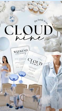 an advertisement for cloud nine with two women in blue dresses and one man in white