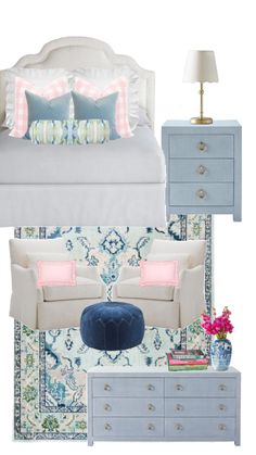 a blue and white bedroom with pink accents