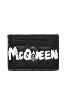 100% Calfskin leather Designer Leather Card Holder With Embossed Logo, Designer Leather Card Holder With Engraved Logo, Alexander Mcqueen Wallet, Alexander Mcqueen Logo, Graffiti Logo, Metal Skull, Quilted Wallet, Black Wallet, Diamond Quilt