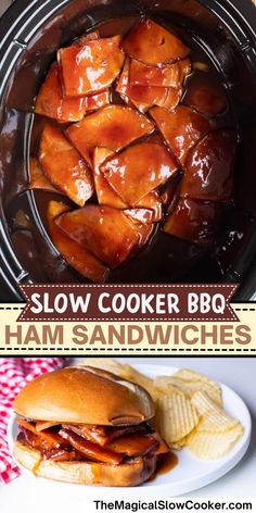 the slow cooker bbq ham sandwiches are ready to be eaten