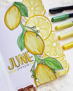 an open notebook with lemons on it next to markers, pens and marker pads