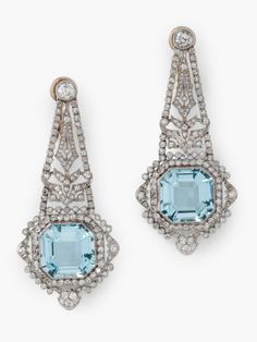 A pair of Belle Époque diamond and aquamarine earrings circa 1910. Aquamarine Tiara, Iridescent Summer, A New Me, Vintage Fine Jewelry, Jewellery Vintage, Aquamarine Earrings, Royal Jewels