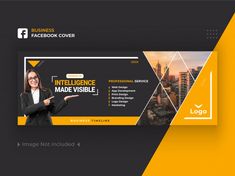 a yellow and black facebook cover with a woman pointing to the side, in front of a cityscape