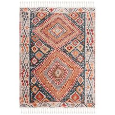 an orange, blue and white rug with fringes on the bottom half of it