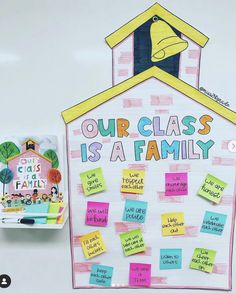 a bulletin board with post - it notes and a small house on the wall that says our class is a family