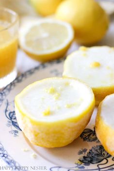 lemon sorbet on a blue and white plate