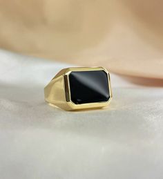 14K Yellow Gold Ring | Men's Ring | Black Onyx Ring | Statement Jewelry |  Gift for Him | Men's Gold Ring | Dad's Ring Gift RING DETAILS : 14K Yellow Gold Onyx Stone Handmade Item ♦ Payment Options Available  ♦ Free Shipping Via FedEx ♦ All pieces come in gift box  ♦ All our jewelry comes with a certificate 💖Welcome To Our Shop , Great To Know You All Here  Discover the finest handcrafted jewelry collection on Etsy at Regina Jewelry Athens. Our expertly crafted pieces feature the highest qualit Black Rings With Polished Edges For Gifts, Luxury Black Signet Ring Tarnish Resistant, Black Tarnish Resistant Signet Ring For Formal Occasions, Formal Black Tarnish-resistant Signet Ring, Modern Black Tarnish Resistant Signet Ring, Modern Black Tarnish-resistant Signet Ring, Mens Black Ring, Mens Gold Rings, Black Onyx Ring