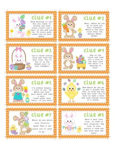 easter themed place cards with bunny, rabbit and chick in the basket on orange gingham