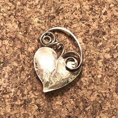 Vintage, Signed, Dennis Ramone Of San Felipe Pueblo, Hammered Texture, Sterling Silver Heart Brooch/Pendant With Curled Wire Bail & Pin Back