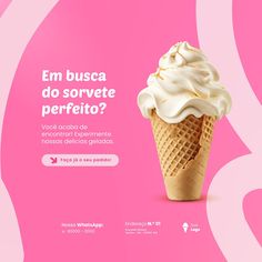 an ice cream cone with white icing on it's top and the words em busca do sorvete perfeito?