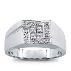 This geometric 18k white gold ring features four princess cut diamonds in a square in the center. They are surrounded by pave set round diamonds. The ring contains .60 cttw. Diamond Channel Set Square Cut Rings, Luxury Diamond White Square Cut Diamond Ring, Diamond Rings With Channel Set And Square Cut, White Square-cut Diamond Ring, White Square Cut Diamond Ring, White Gold Diamond Ring With Square Cut Accents, Square Cut White Gold Diamond Ring With Accents, Diamond White Princess Cut Ring With Single Cut Diamonds, Modern Diamond White Square Cut Diamond Ring