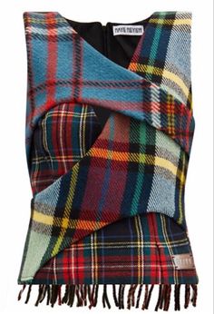 a multicolored plaid scarf with fringes on the ends and an open end