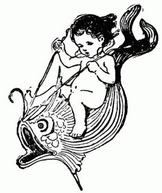 an ink drawing of a child on a fish