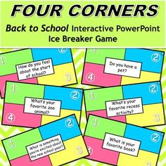 four corners with the words back to school interactive powerpoint ice breaker game on them