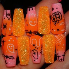 Get ready to spook up your nails this Halloween! 🎃👻💅 Check out these wickedly fun nail designs for the ultimate Halloween look. #HalloweenNails #NailArt #HalloweenInspo #SpookyNails #TrickOrTreat #NailGoals #HalloweenVibes #NailObsessed #HalloweenMakeup #NailsofInstagram 🕷️🦇🕸️ Pink And Orange Nails Halloween, Jeweled Halloween Nails, Halloween And Fall Nails, Groovy Halloween Nails, Summer Halloween Nails, Halloween Nails Neon, Halloween Birthday Nails, Sparkly Halloween Nails, Orange Trendy Nails