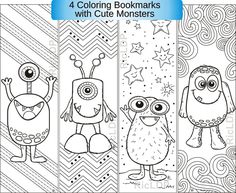 four coloring bookmarks with cute monsters