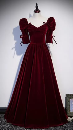 Wine Red Bridesmaid Dresses, Short Sleeve Prom Dresses, Prom Dress A Line, Velvet Prom Dress, A Line Evening Dress, Red Bridesmaids, Red Bridesmaid Dresses