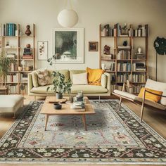 a living room filled with furniture and bookshelves