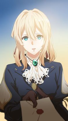 an anime character with blonde hair and blue eyes holding a piece of paper in her hand