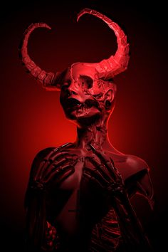 a skeleton with horns and bones on it's head is shown in red light