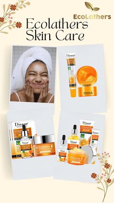 an advertisement for ecoliners skin care with oranges and flowers on the side