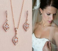 "I've created this beautiful bridal set using marquise crystals with a halo setting.  The MacKenzie simple set is a minimal amount of jewelry with a maximum amount of sparkle! This set will be enjoyed long after your wedding day! Necklace does have a 1\" extender chain in addition to the necklace length. Perfect for any occasion! I use only high quality chains/materials. All my jewelry is nickel free. Total length of earrings including ear wire 1.25\" Dangle measures approximately 5/8\" Pendant Rose Gold Bridal Jewelry Set, Gold Bridal Jewelry, Rose Gold Bridal Jewelry, Crystal Bridal Earrings, Gold Bridal Jewellery Sets, Pearl Necklace Wedding, Bridal Jewelry Set, Gold Bridal Earrings, Rose Gold Bridal