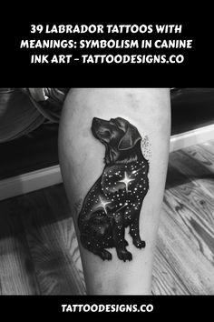 Leg tattoo of a cosmic-themed dog silhouette filled with stars and stardust on a person seated with a wooden floor in the background. Black Lab Traditional Tattoo, Black Lab Tattoos, Paw Tattoo, Star Tattoos, Black Lab