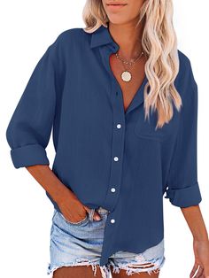 PRICES MAY VARY. Cotton lining Button closure Hand Wash Only Solid Color Button-up Beach Blouse, Beach Button-up Solid Color Blouse, Collared Solid Color Blouse For Vacation, Blue Blouse With Button Closure For Vacation, Solid Button Blouse For Vacation, Vacation Blouse With Buttons, Solid Color Button-up Blouse With Buttoned Pockets, Blue Buttoned Blouse For Vacation, Solid Button-up Blouse With Buttoned Pockets